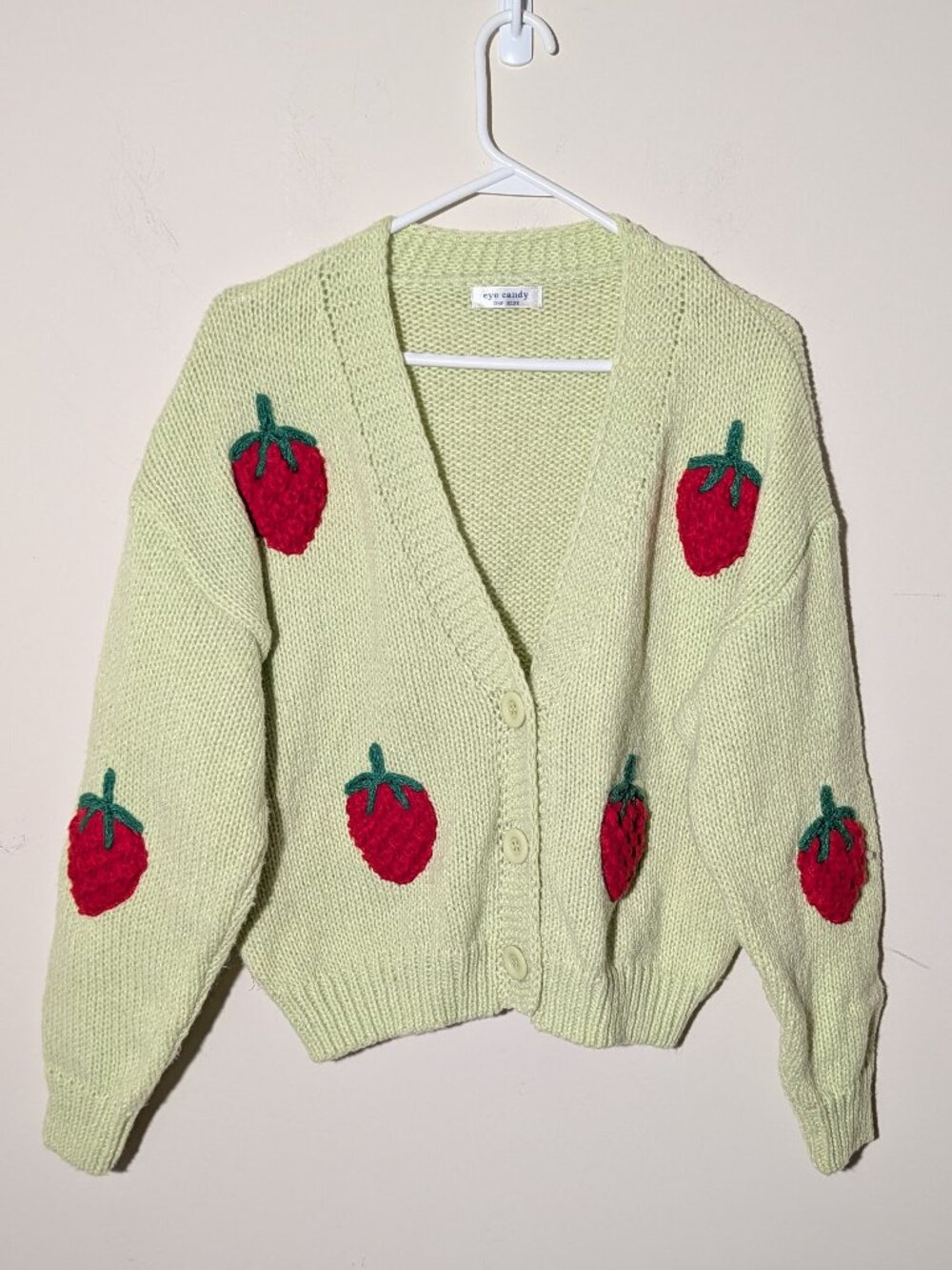 Kawaii Strawberry Embroidered Chunky 3 Buttons Knitted Cardigan OS Lime